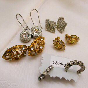 VINTAGE 5 Pair Rhinestone Pierced Earrings Lot ~ Mixed Styles Pierced Earrings